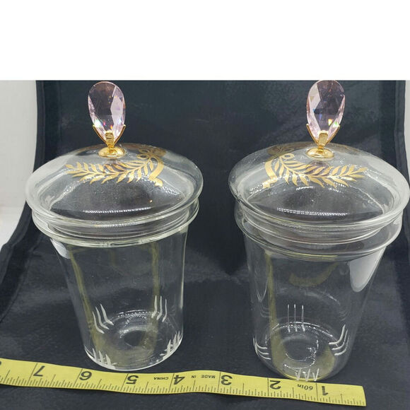 Vintage Crystal Jars Vanity Pair Gold Laurel Leaf Lid Amethyst glass Topper - Picture 9 of 10